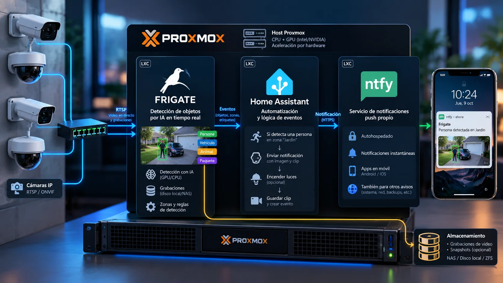 Vigilancia con detección de IA 100% local: Frigate NVR, Home Assistant y avisos por ntfy