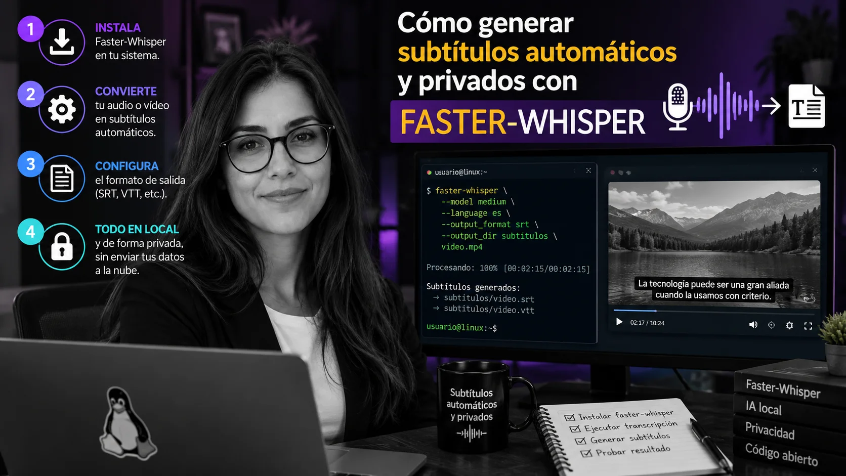 Cómo generar subtítulos automáticos y privados con faster-whisper
