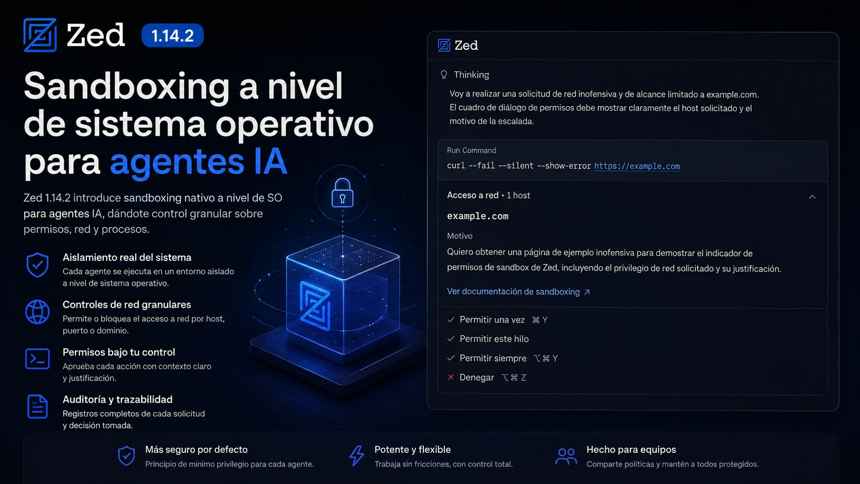 Zed 1.14.2 — sandboxing a nivel de sistema operativo para agentes IA