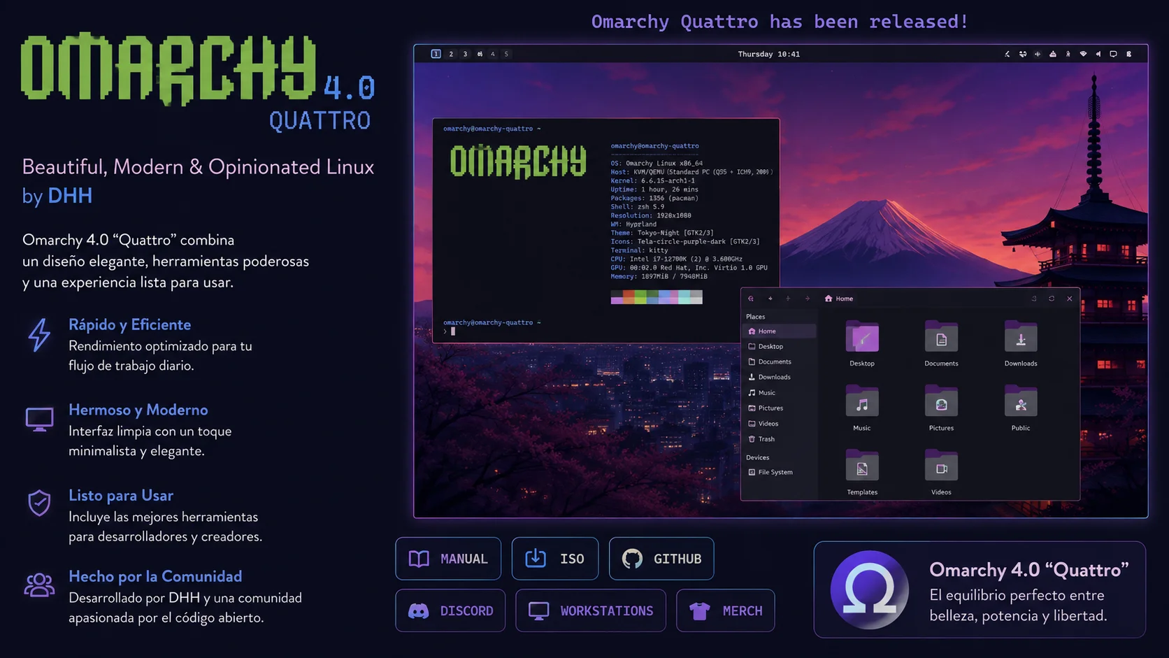 Omarchy 4.0 "Quattro" — el rediseño de escritorio más grande desde que arrancó el proyecto, con un shell unificado sobre Quickshell y una ISO que baja de 6GB