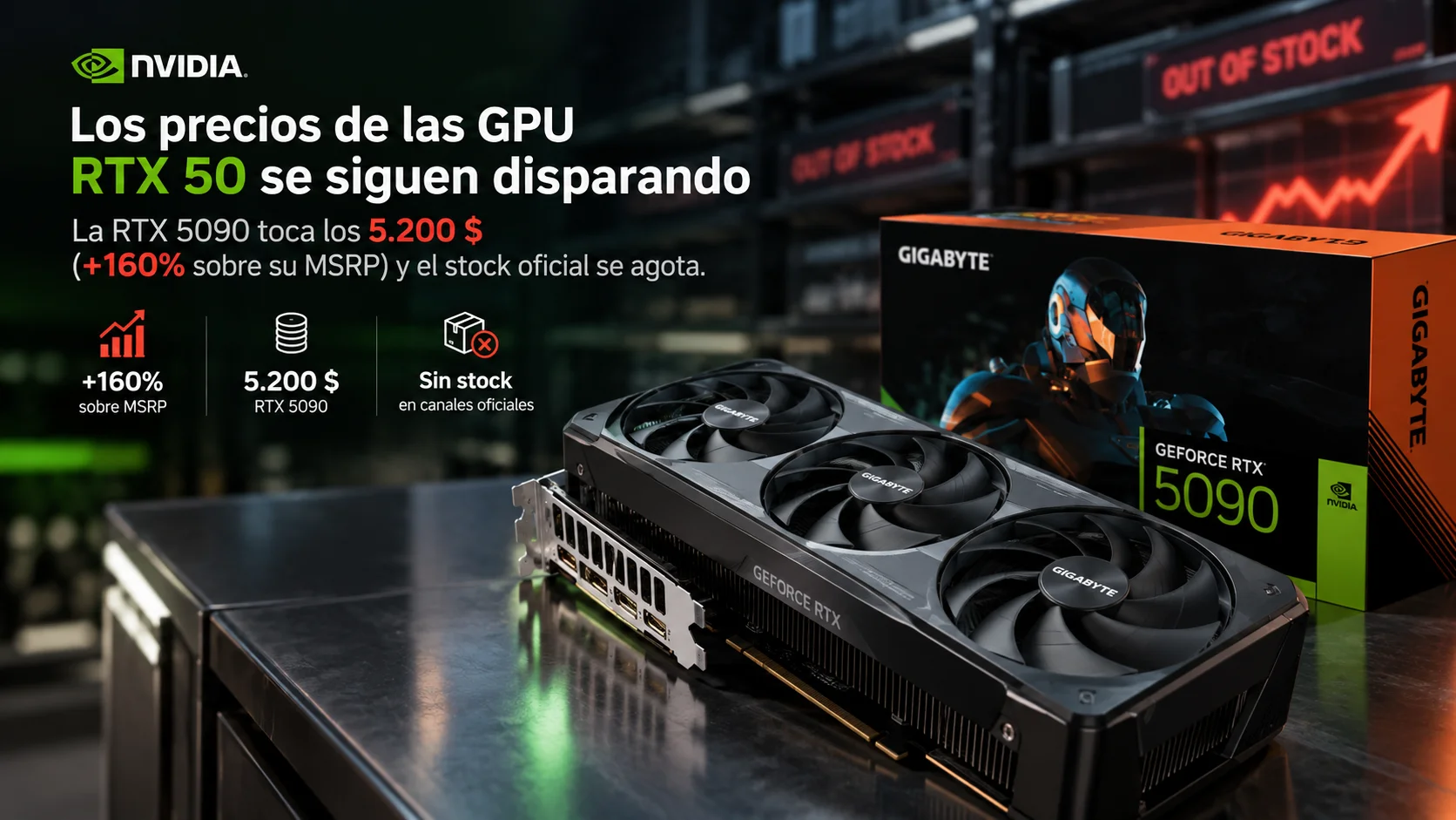 Los precios de las GPU RTX 50 se siguen disparando: la RTX 5090 toca los 5.200 $ (+160% sobre su MSRP) y el stock oficial se agota