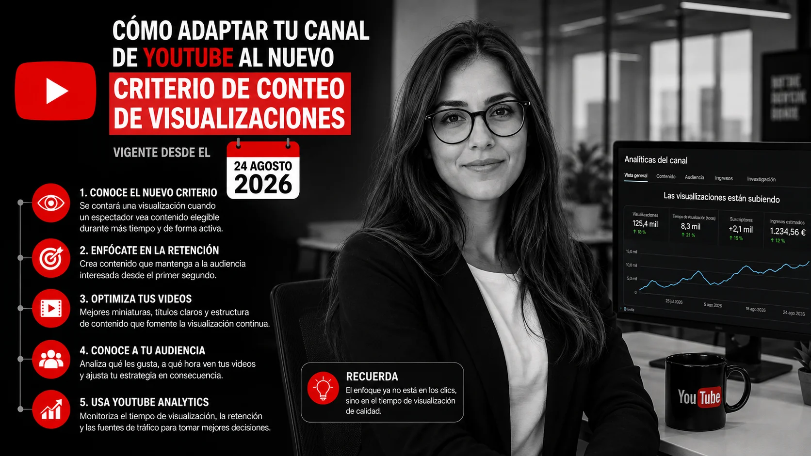Cómo adaptar tu canal de YouTube al nuevo criterio de conteo de visualizaciones (vigente desde el 24 de agosto de 2026)