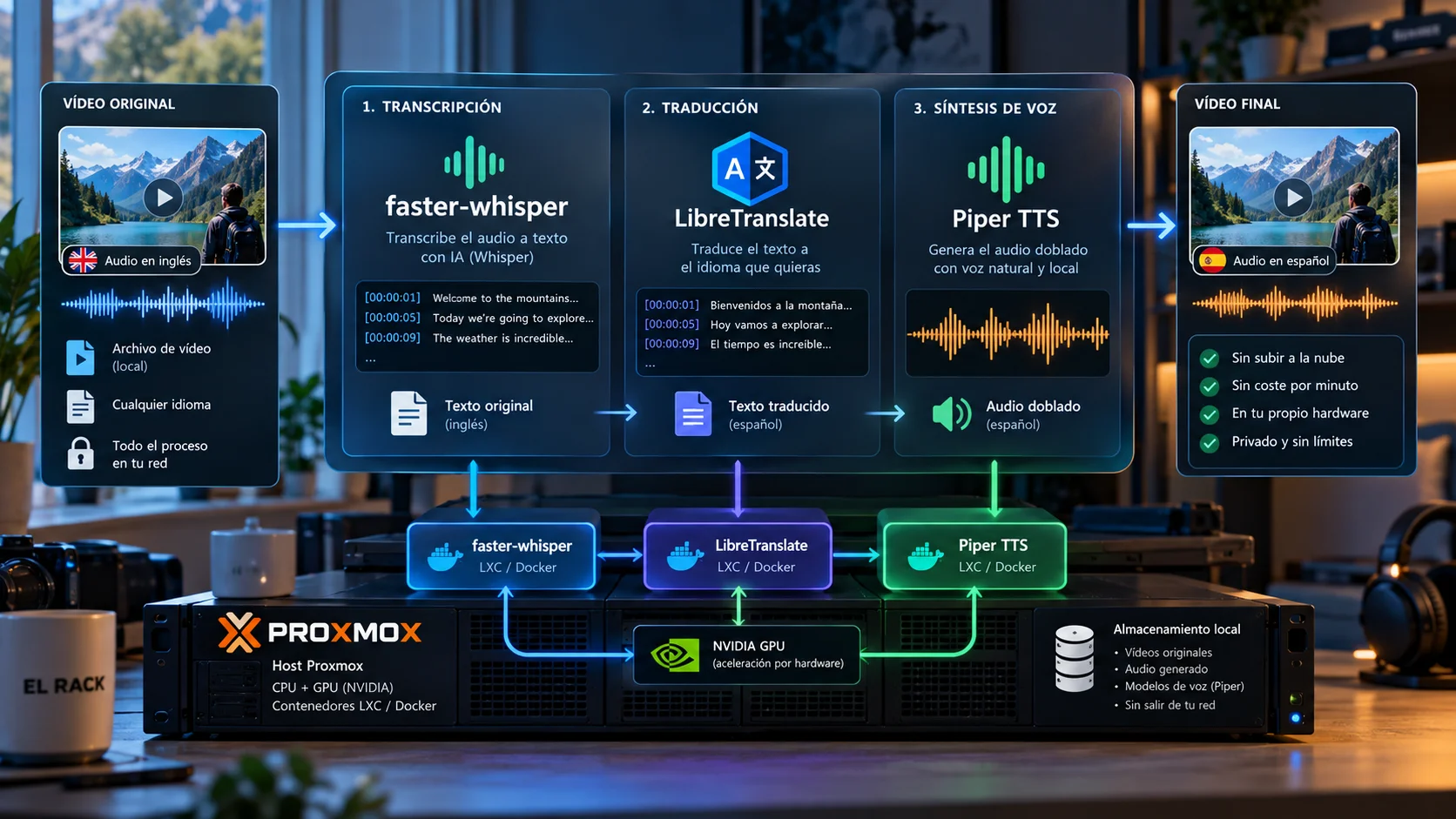 Diagrama de arquitectura: Doblaje y subtítulos multilingües 100% locales: faster-whisper + LibreTranslate + Piper TTS