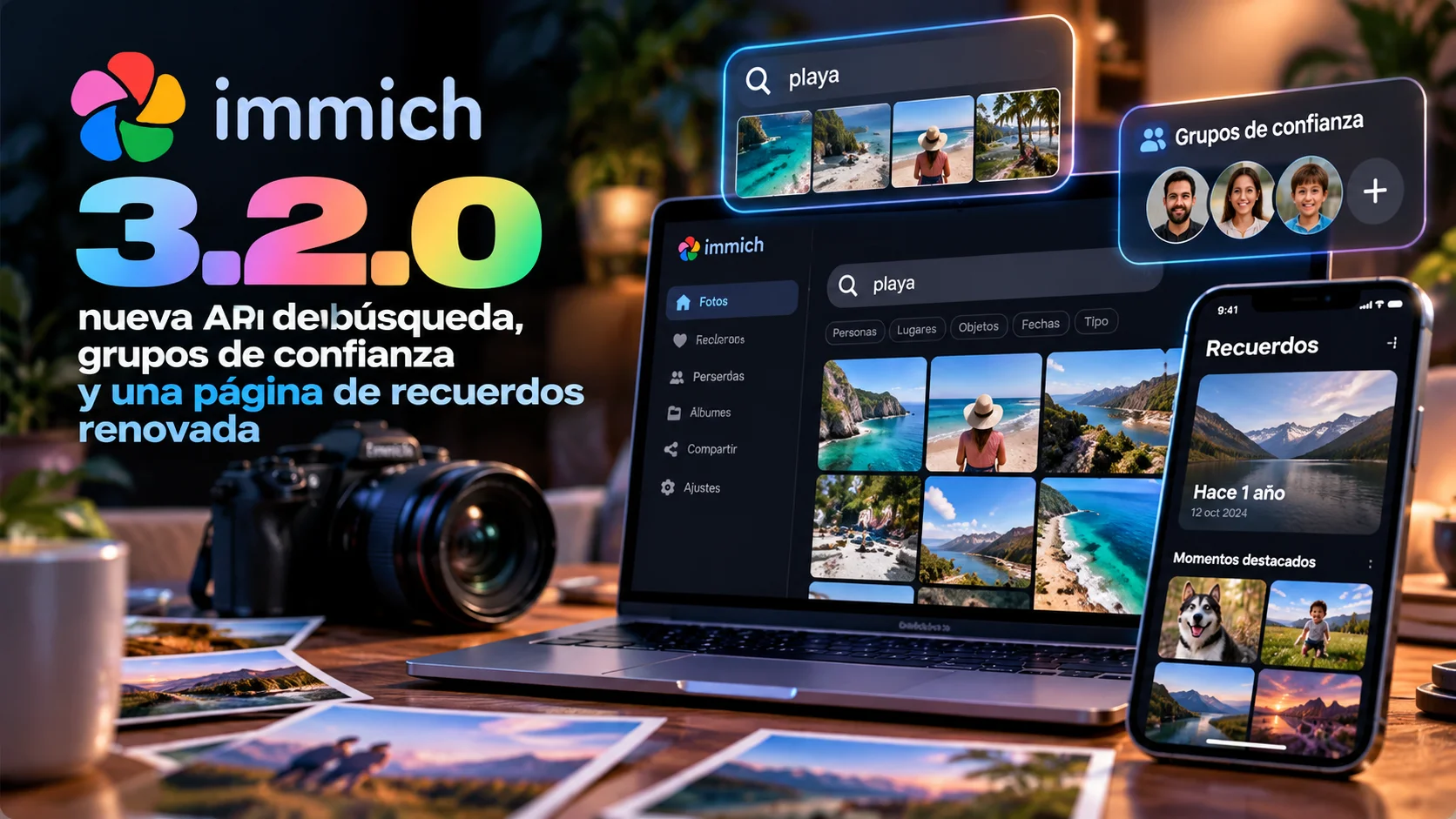 Immich 3.2.0: nueva API de búsqueda, grupos de confianza y una página de recuerdos renovada
