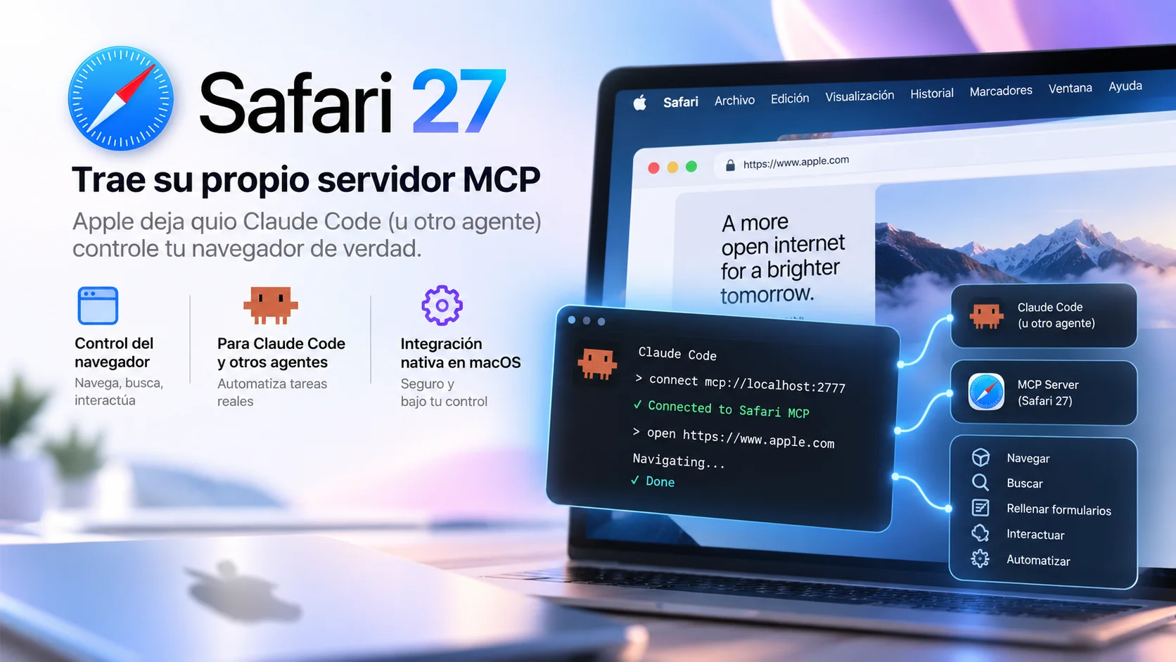 Safari 27 trae su propio servidor MCP: Apple deja que Claude Code (u otro agente) controle tu navegador de verdad