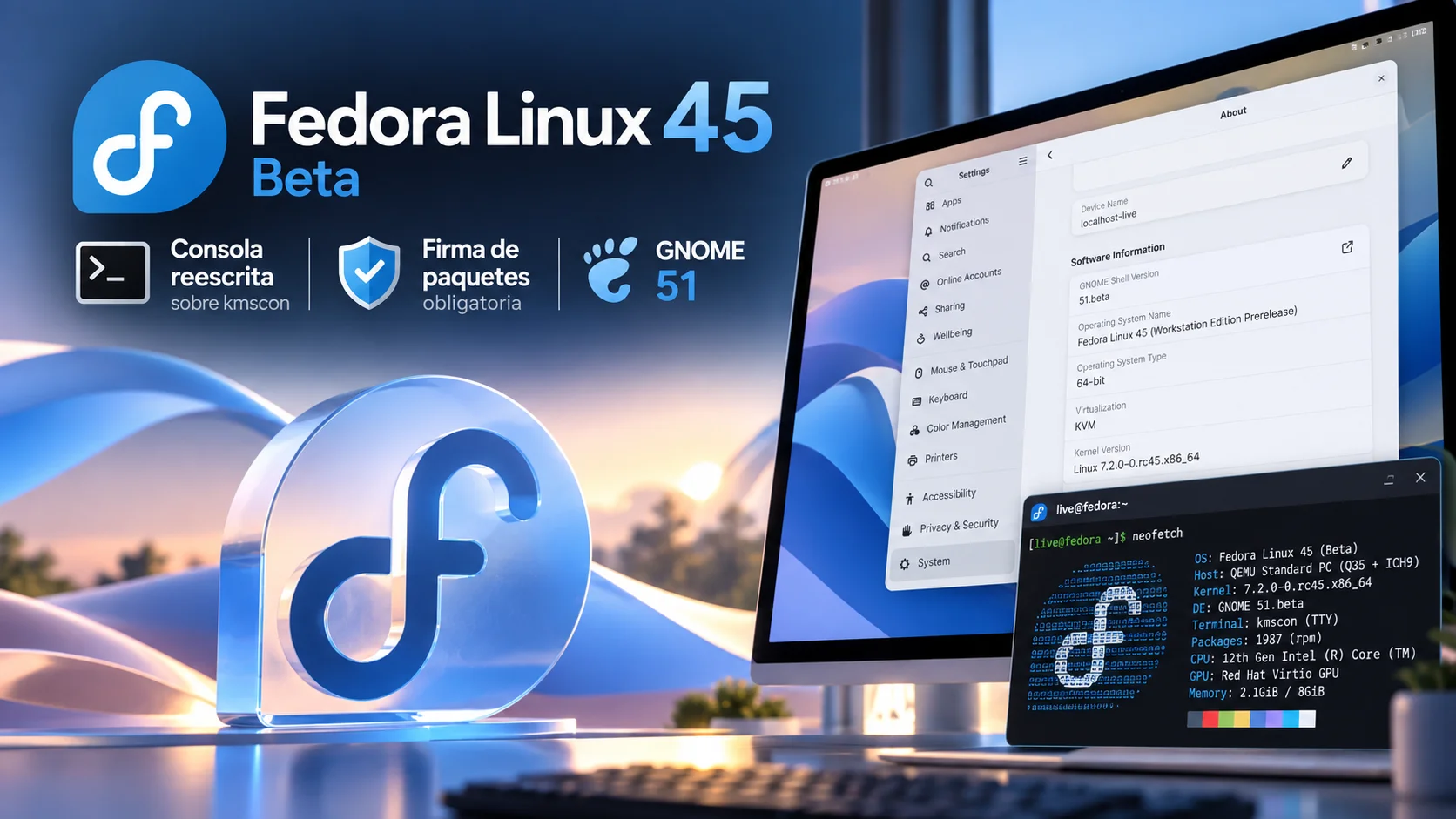 Fedora Linux 45 Beta: consola reescrita sobre kmscon, firma de paquetes obligatoria y GNOME 51 -- la versión final llega el 20 de octubre